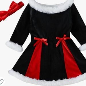 HEZIOWYUN Toddler Girls Velvet Fur Trim Christmas Dress Set DK Blue/Red Size 90